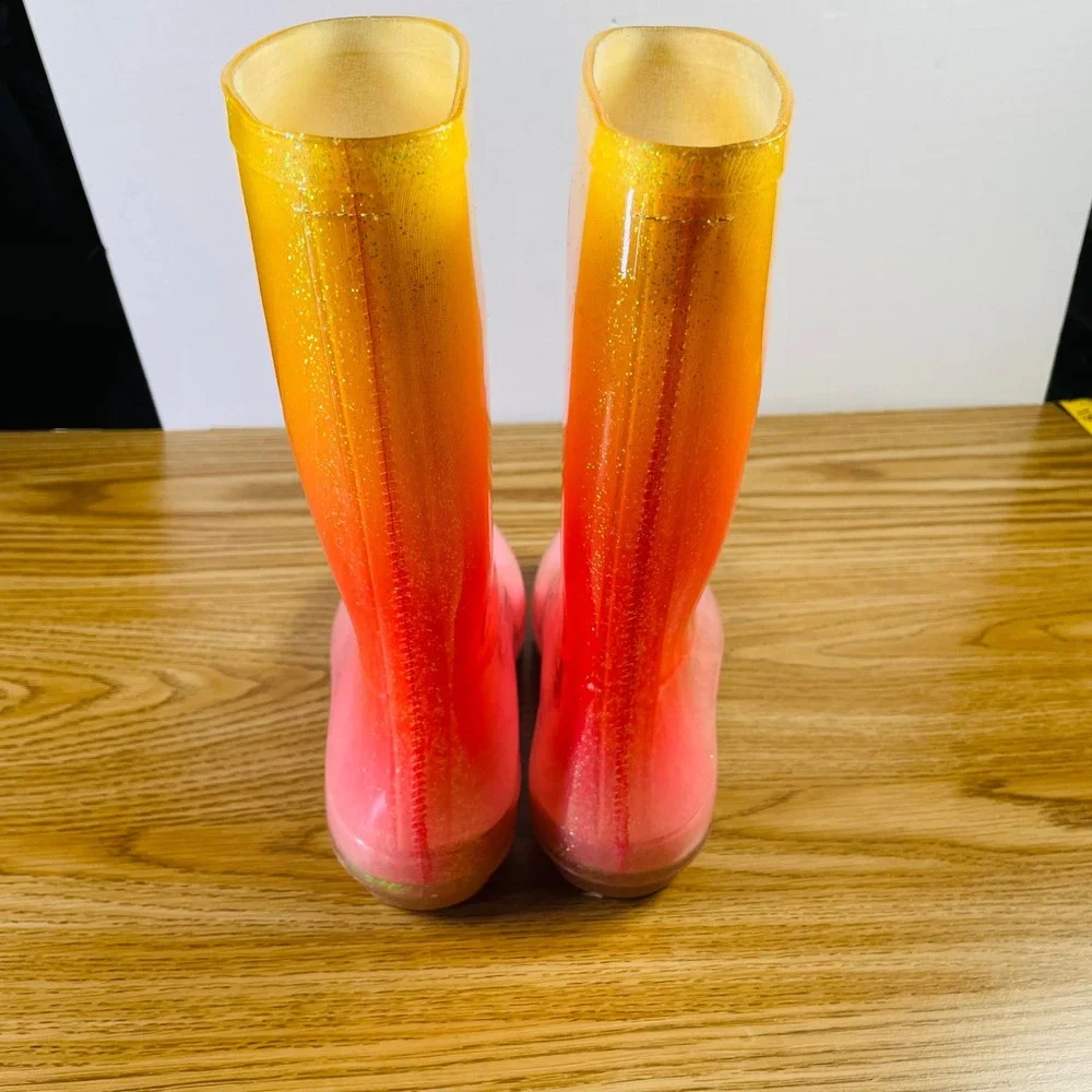 Kids Ombre Glitter Rain Boots Pink Orange Rainbow‎ Size 3 Tall Waterproof Play